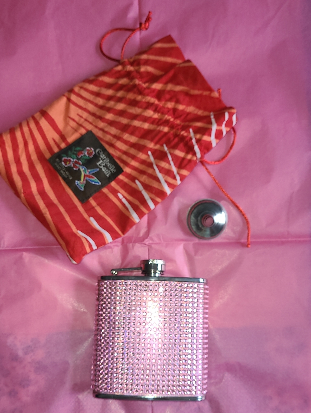 Source Unknown Pink Rhinestone Hip Flask with Striped Drawstring Pouch